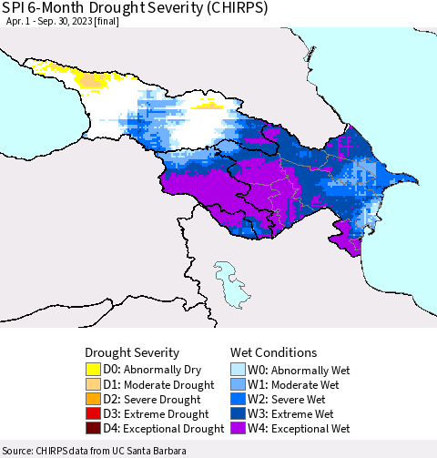 Azerbaijan, Armenia and Georgia SPI 6-Month Drought Severity (CHIRPS) Thematic Map For 4/1/2023 - 9/30/2023