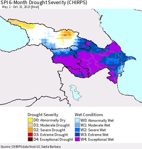 Azerbaijan, Armenia and Georgia SPI 6-Month Drought Severity (CHIRPS) Thematic Map For 5/1/2023 - 10/31/2023