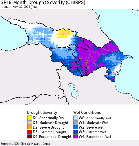 Azerbaijan, Armenia and Georgia SPI 6-Month Drought Severity (CHIRPS) Thematic Map For 6/1/2023 - 11/30/2023