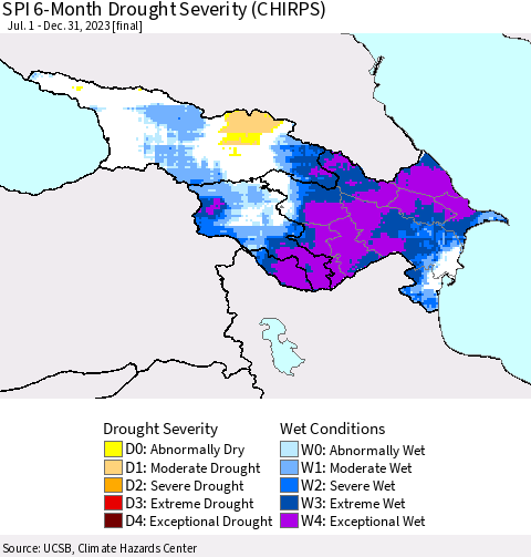 Azerbaijan, Armenia and Georgia SPI 6-Month Drought Severity (CHIRPS) Thematic Map For 7/1/2023 - 12/31/2023