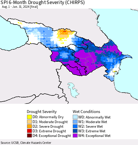 Azerbaijan, Armenia and Georgia SPI 6-Month Drought Severity (CHIRPS) Thematic Map For 8/1/2023 - 1/31/2024