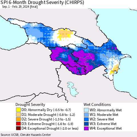 Azerbaijan, Armenia and Georgia SPI 6-Month Drought Severity (CHIRPS) Thematic Map For 9/1/2023 - 2/29/2024