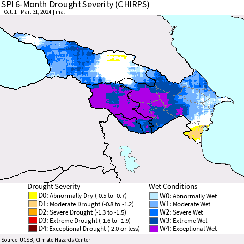 Azerbaijan, Armenia and Georgia SPI 6-Month Drought Severity (CHIRPS) Thematic Map For 10/1/2023 - 3/31/2024