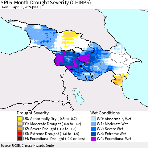 Azerbaijan, Armenia and Georgia SPI 6-Month Drought Severity (CHIRPS) Thematic Map For 11/1/2023 - 4/30/2024