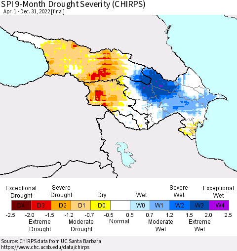 Azerbaijan, Armenia and Georgia SPI 9-Month Drought Severity (CHIRPS) Thematic Map For 4/1/2022 - 12/31/2022