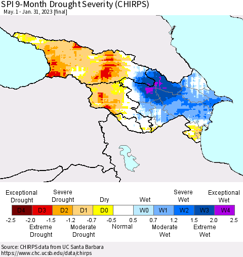 Azerbaijan, Armenia and Georgia SPI 9-Month Drought Severity (CHIRPS) Thematic Map For 5/1/2022 - 1/31/2023