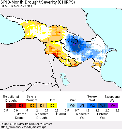 Azerbaijan, Armenia and Georgia SPI 9-Month Drought Severity (CHIRPS) Thematic Map For 6/1/2022 - 2/28/2023