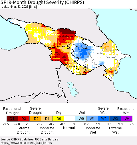 Azerbaijan, Armenia and Georgia SPI 9-Month Drought Severity (CHIRPS) Thematic Map For 7/1/2022 - 3/31/2023