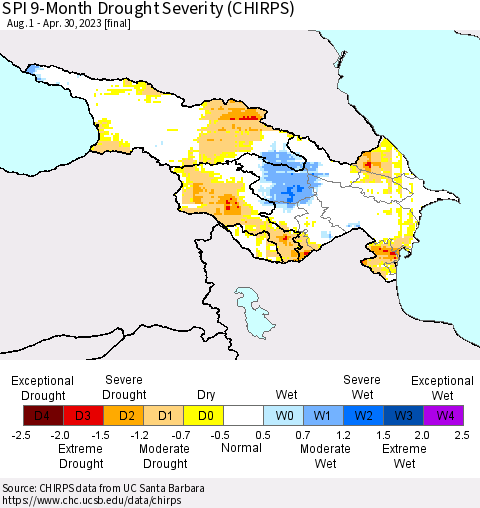 Azerbaijan, Armenia and Georgia SPI 9-Month Drought Severity (CHIRPS) Thematic Map For 8/1/2022 - 4/30/2023