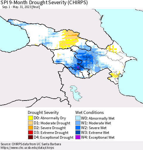 Azerbaijan, Armenia and Georgia SPI 9-Month Drought Severity (CHIRPS) Thematic Map For 9/1/2022 - 5/31/2023