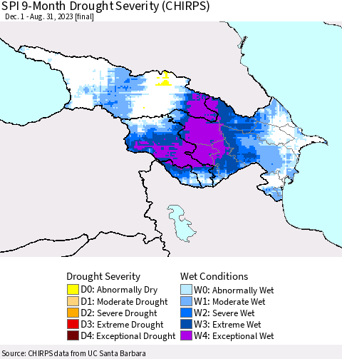 Azerbaijan, Armenia and Georgia SPI 9-Month Drought Severity (CHIRPS) Thematic Map For 12/1/2022 - 8/31/2023