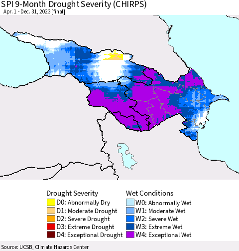 Azerbaijan, Armenia and Georgia SPI 9-Month Drought Severity (CHIRPS) Thematic Map For 4/1/2023 - 12/31/2023