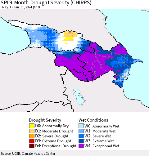 Azerbaijan, Armenia and Georgia SPI 9-Month Drought Severity (CHIRPS) Thematic Map For 5/1/2023 - 1/31/2024