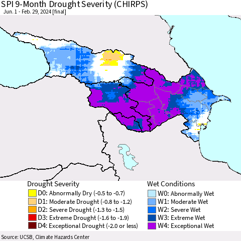 Azerbaijan, Armenia and Georgia SPI 9-Month Drought Severity (CHIRPS) Thematic Map For 6/1/2023 - 2/29/2024