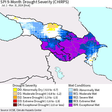 Azerbaijan, Armenia and Georgia SPI 9-Month Drought Severity (CHIRPS) Thematic Map For 7/1/2023 - 3/31/2024