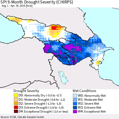 Azerbaijan, Armenia and Georgia SPI 9-Month Drought Severity (CHIRPS) Thematic Map For 8/1/2023 - 4/30/2024