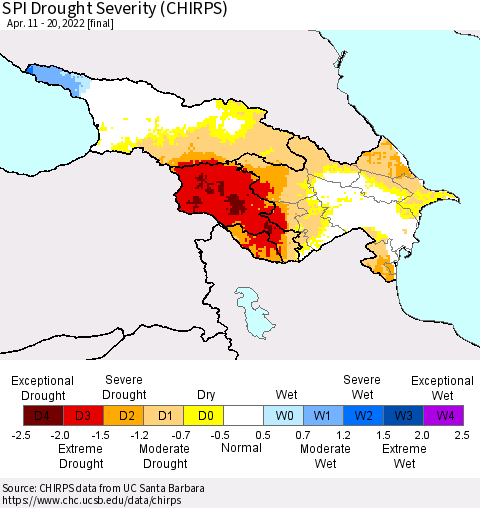 Azerbaijan, Armenia and Georgia SPI Drought Severity (CHIRPS) Thematic Map For 4/11/2022 - 4/20/2022