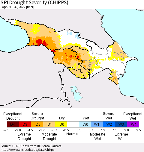 Azerbaijan, Armenia and Georgia SPI Drought Severity (CHIRPS) Thematic Map For 4/21/2022 - 4/30/2022