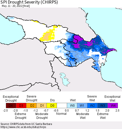Azerbaijan, Armenia and Georgia SPI Drought Severity (CHIRPS) Thematic Map For 5/11/2022 - 5/20/2022