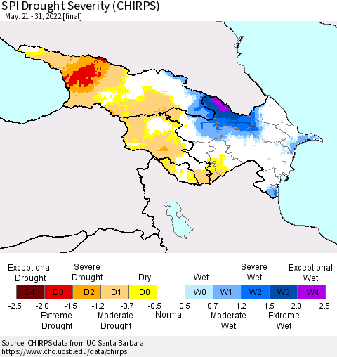 Azerbaijan, Armenia and Georgia SPI Drought Severity (CHIRPS) Thematic Map For 5/21/2022 - 5/31/2022