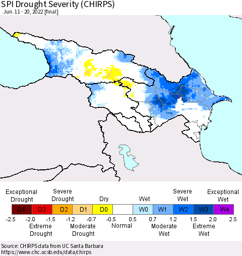 Azerbaijan, Armenia and Georgia SPI Drought Severity (CHIRPS) Thematic Map For 6/11/2022 - 6/20/2022
