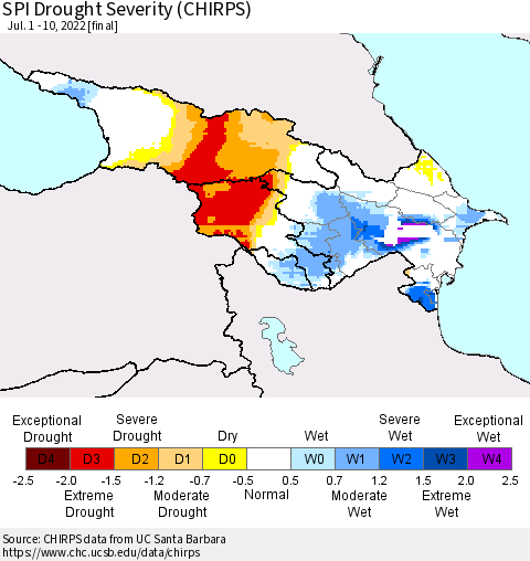 Azerbaijan, Armenia and Georgia SPI Drought Severity (CHIRPS) Thematic Map For 7/1/2022 - 7/10/2022