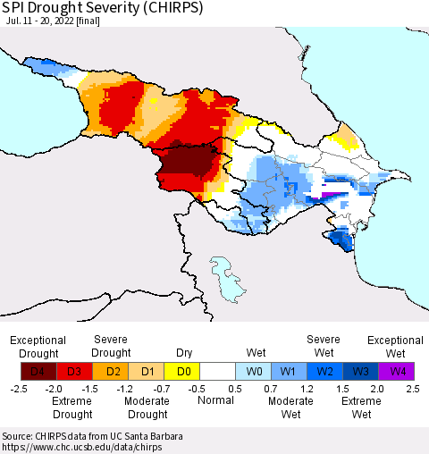 Azerbaijan, Armenia and Georgia SPI Drought Severity (CHIRPS) Thematic Map For 7/11/2022 - 7/20/2022