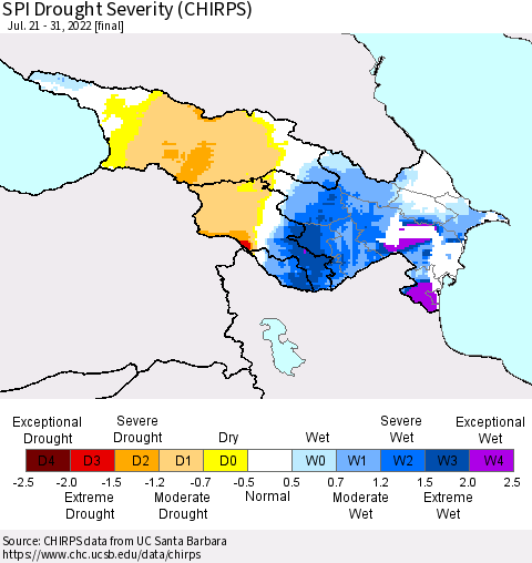 Azerbaijan, Armenia and Georgia SPI Drought Severity (CHIRPS) Thematic Map For 7/21/2022 - 7/31/2022