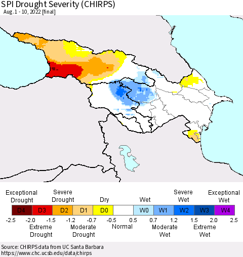 Azerbaijan, Armenia and Georgia SPI Drought Severity (CHIRPS) Thematic Map For 8/1/2022 - 8/10/2022