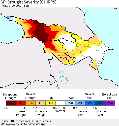 Azerbaijan, Armenia and Georgia SPI Drought Severity (CHIRPS) Thematic Map For 8/11/2022 - 8/20/2022
