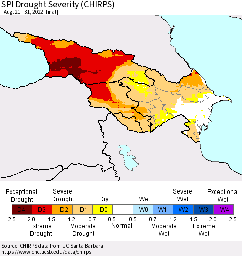 Azerbaijan, Armenia and Georgia SPI Drought Severity (CHIRPS) Thematic Map For 8/21/2022 - 8/31/2022