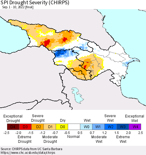 Azerbaijan, Armenia and Georgia SPI Drought Severity (CHIRPS) Thematic Map For 9/1/2022 - 9/10/2022