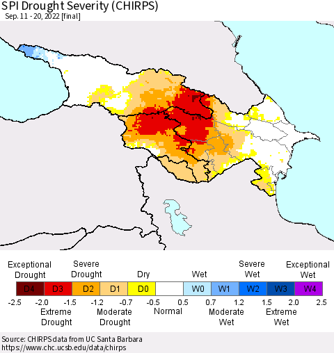 Azerbaijan, Armenia and Georgia SPI Drought Severity (CHIRPS) Thematic Map For 9/11/2022 - 9/20/2022
