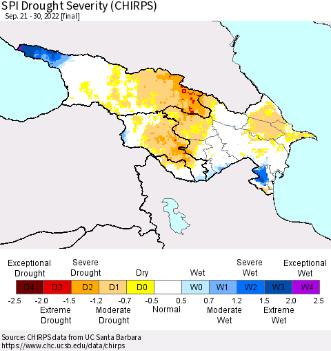 Azerbaijan, Armenia and Georgia SPI Drought Severity (CHIRPS) Thematic Map For 9/21/2022 - 9/30/2022