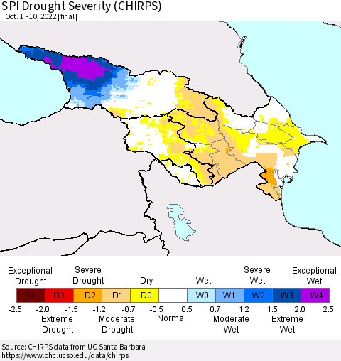 Azerbaijan, Armenia and Georgia SPI Drought Severity (CHIRPS) Thematic Map For 10/1/2022 - 10/10/2022