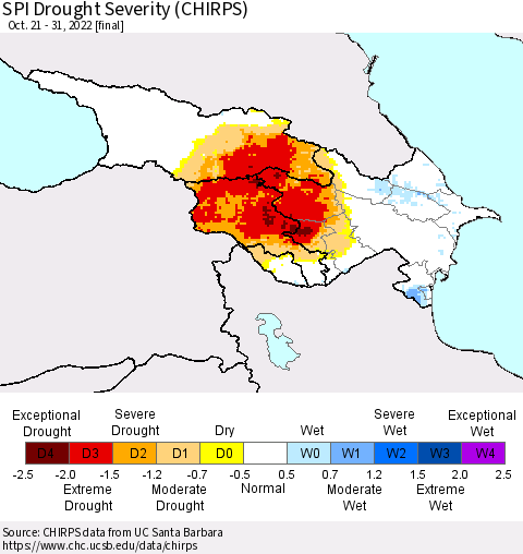 Azerbaijan, Armenia and Georgia SPI Drought Severity (CHIRPS) Thematic Map For 10/21/2022 - 10/31/2022