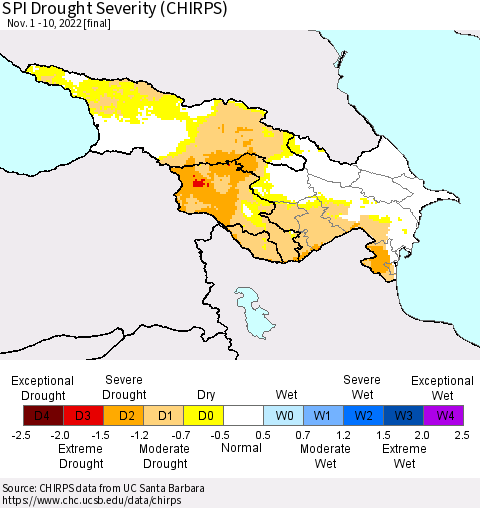 Azerbaijan, Armenia and Georgia SPI Drought Severity (CHIRPS) Thematic Map For 11/1/2022 - 11/10/2022