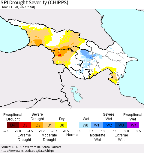 Azerbaijan, Armenia and Georgia SPI Drought Severity (CHIRPS) Thematic Map For 11/11/2022 - 11/20/2022