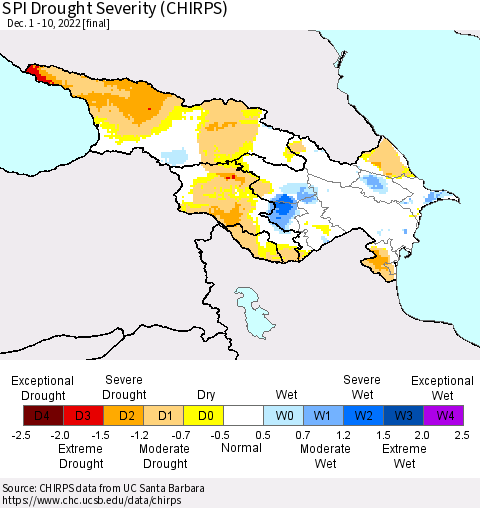 Azerbaijan, Armenia and Georgia SPI Drought Severity (CHIRPS) Thematic Map For 12/1/2022 - 12/10/2022