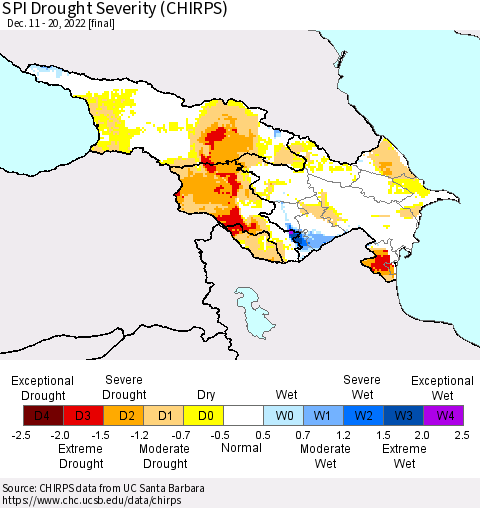 Azerbaijan, Armenia and Georgia SPI Drought Severity (CHIRPS) Thematic Map For 12/11/2022 - 12/20/2022