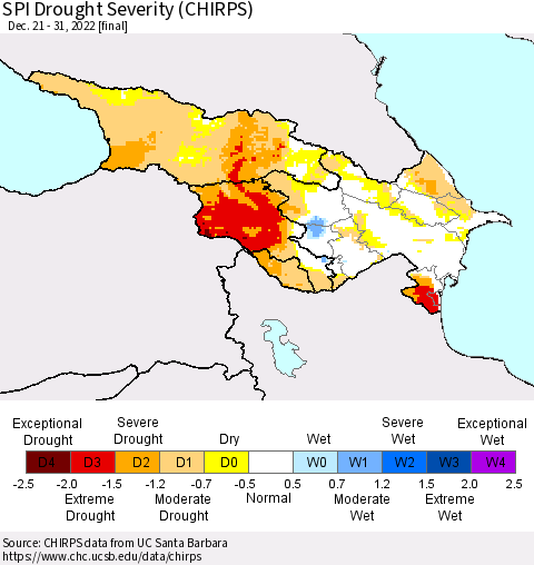Azerbaijan, Armenia and Georgia SPI Drought Severity (CHIRPS) Thematic Map For 12/21/2022 - 12/31/2022