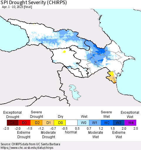 Azerbaijan, Armenia and Georgia SPI Drought Severity (CHIRPS) Thematic Map For 4/1/2023 - 4/10/2023