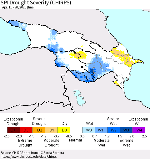 Azerbaijan, Armenia and Georgia SPI Drought Severity (CHIRPS) Thematic Map For 4/11/2023 - 4/20/2023