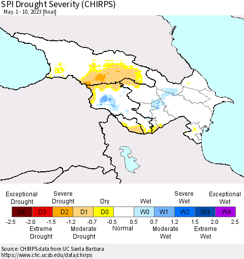 Azerbaijan, Armenia and Georgia SPI Drought Severity (CHIRPS) Thematic Map For 5/1/2023 - 5/10/2023