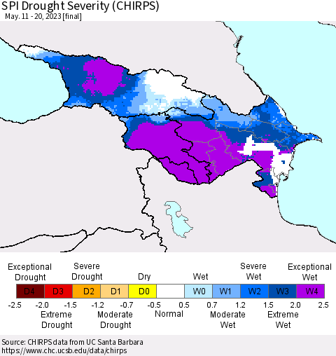 Azerbaijan, Armenia and Georgia SPI Drought Severity (CHIRPS) Thematic Map For 5/11/2023 - 5/20/2023