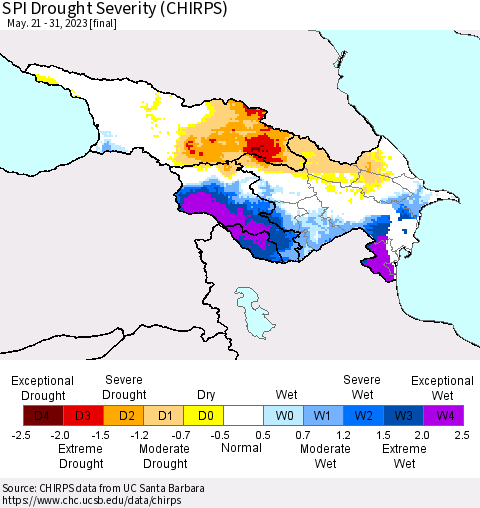Azerbaijan, Armenia and Georgia SPI Drought Severity (CHIRPS) Thematic Map For 5/21/2023 - 5/31/2023