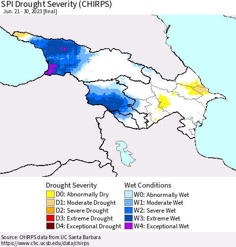 Azerbaijan, Armenia and Georgia SPI Drought Severity (CHIRPS) Thematic Map For 6/21/2023 - 6/30/2023