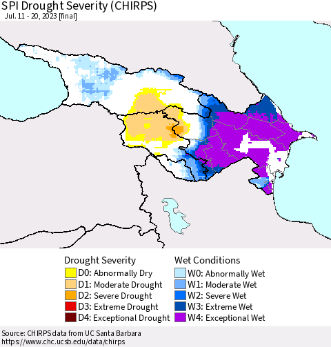 Azerbaijan, Armenia and Georgia SPI Drought Severity (CHIRPS) Thematic Map For 7/11/2023 - 7/20/2023