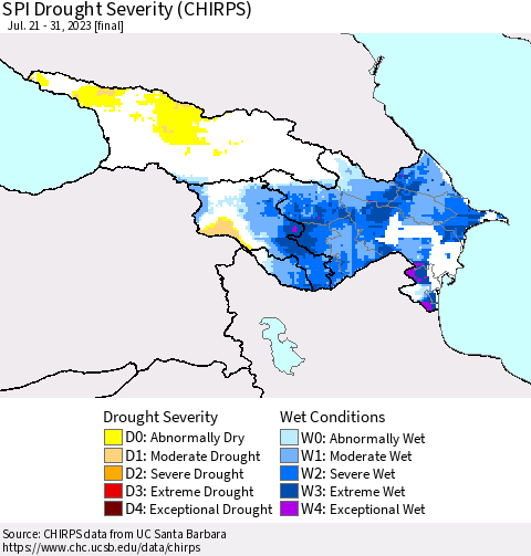 Azerbaijan, Armenia and Georgia SPI Drought Severity (CHIRPS) Thematic Map For 7/21/2023 - 7/31/2023