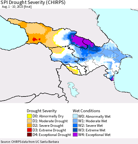Azerbaijan, Armenia and Georgia SPI Drought Severity (CHIRPS) Thematic Map For 8/1/2023 - 8/10/2023